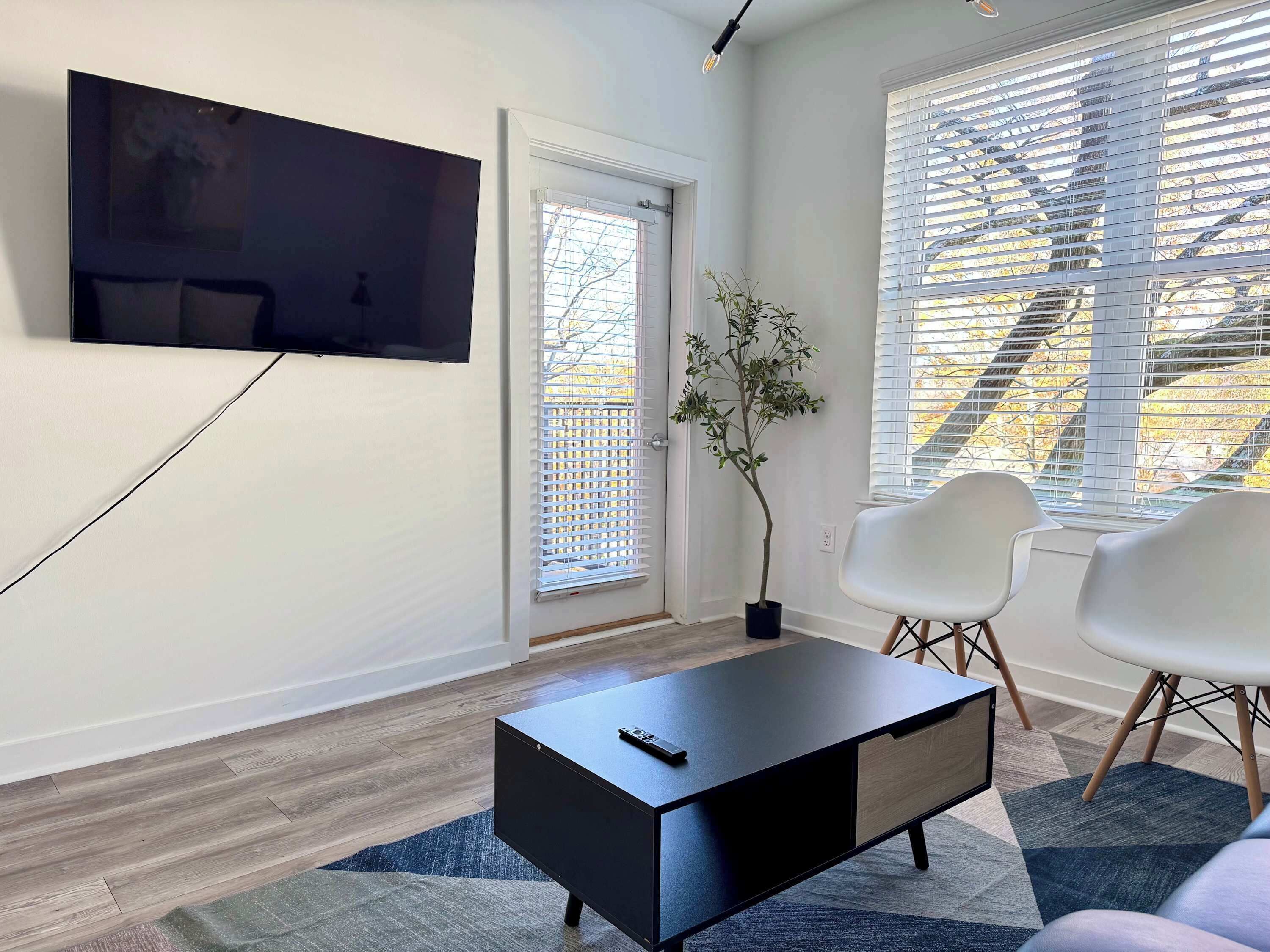 Un salon moderne avec un téléviseur à écran plat fixé au mur, une table basse noire, deux chaises blanches et une plante en pot.