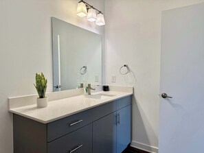 Une salle de bain avec un grand miroir, un lavabo avec un plan de travail, une plante en pot et un porte-serviette.