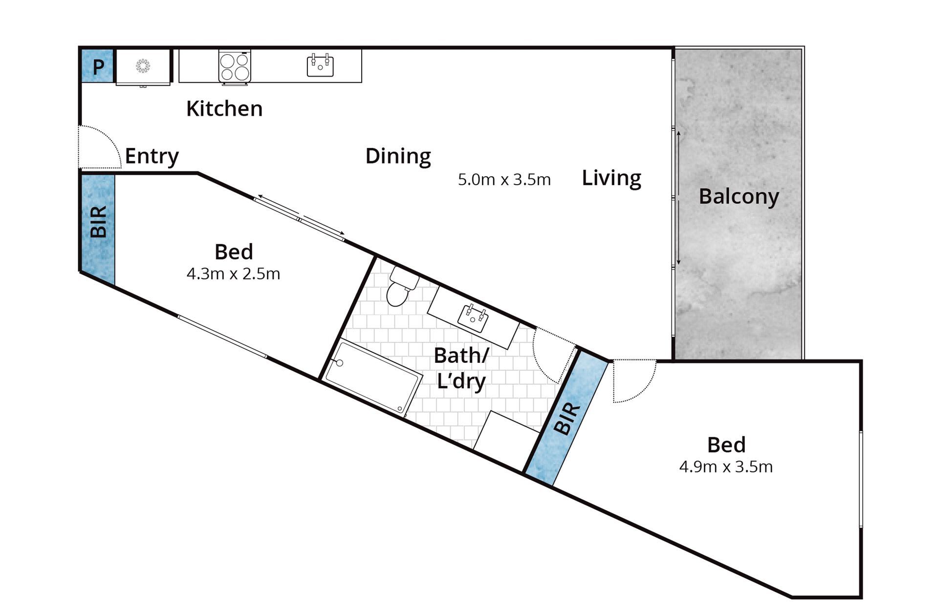 A floor plan of a hotel room with a kitchen, dining area, balcony, and two bedrooms.