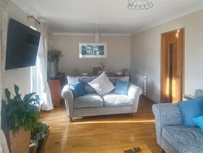 Una sala de estar con un sofá gris, un sofá azul, una araña, un televisor y una puerta.