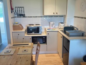 A compact kitchen with a microwave, toaster, kettle, and sink. - Goldfinch Apartment - UK49296 (Woolfardisworthy, Clovelly)