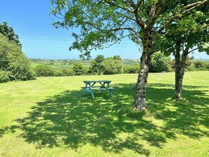 Een picknicktafel in een grasveld met bomen en een heldere lucht.