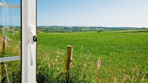 A rural landscape with a field, a fence, and a distant tree. - Hawfinch Apartment - UK49304 (Woolfardisworthy, Clovelly)