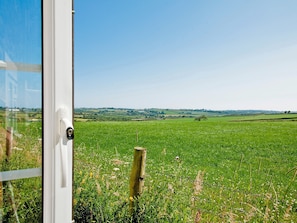 Een landelijk landschap met een veld, een omheining en een verre boom.