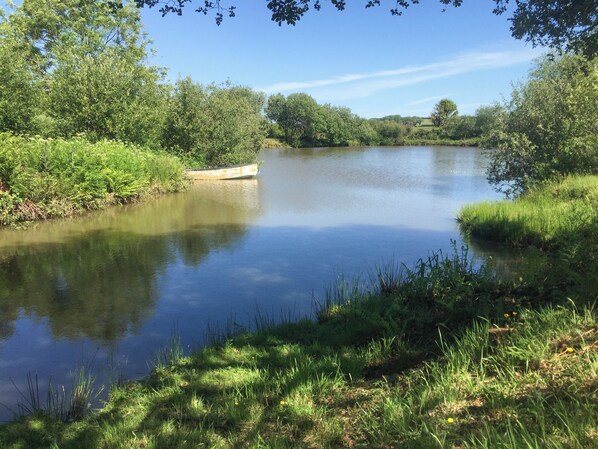 A calm river with a boat, surrounded by lush greenery and trees.