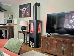 A living room with a wood-burning stove, a television, and a dining area with a microwave.