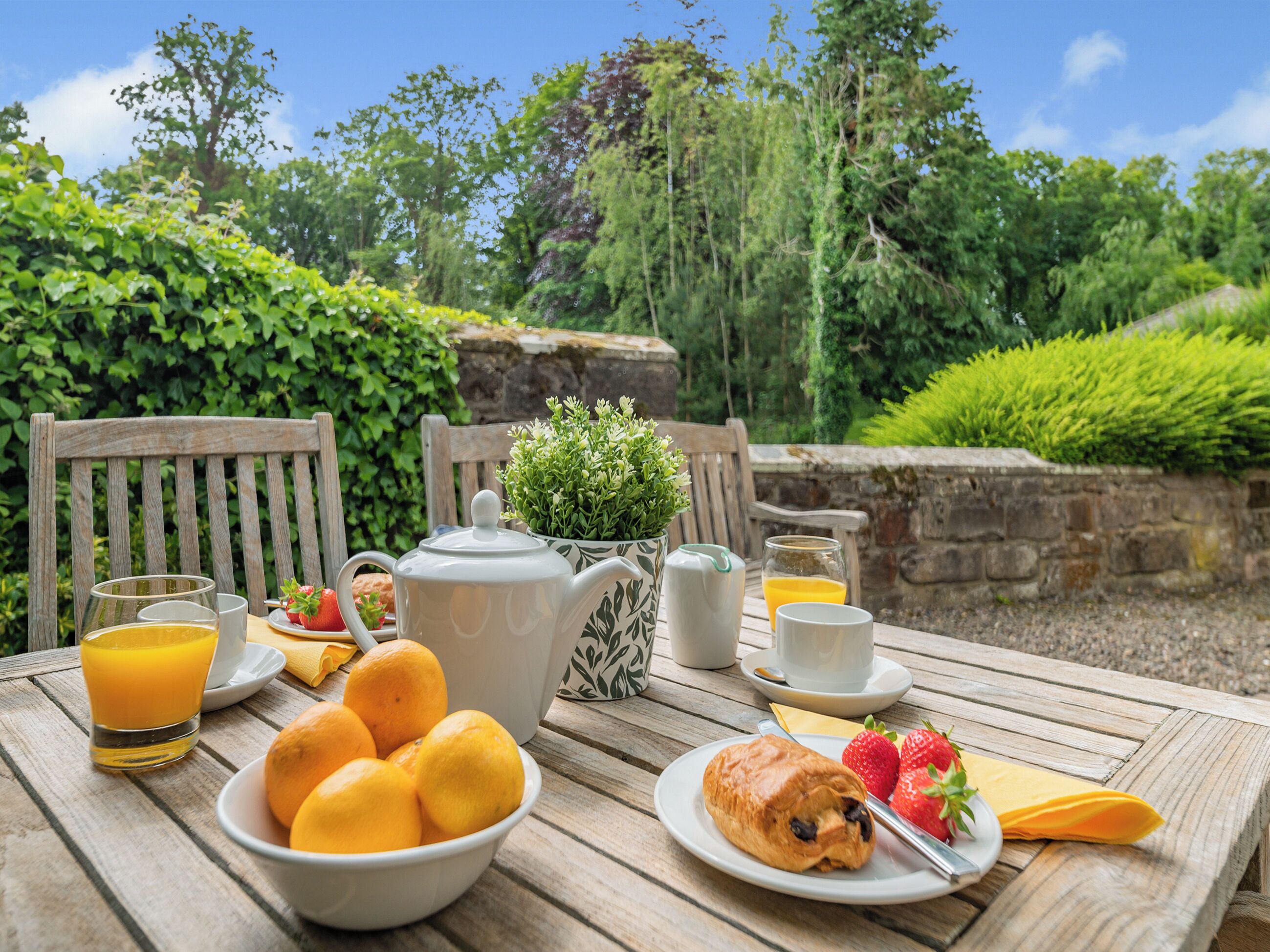 Ein Holztisch mit Frühstücksgebäck, einer Teekanne und einer Kaffeetasse, draußen arrangiert mit Grünpflanzen im Hintergrund.