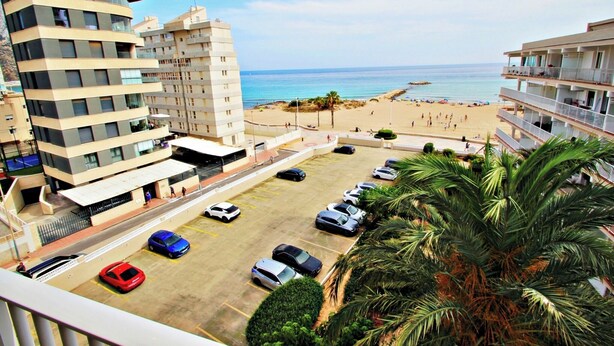 A high-rise hotel with a parking lot, beach view, and palm trees.