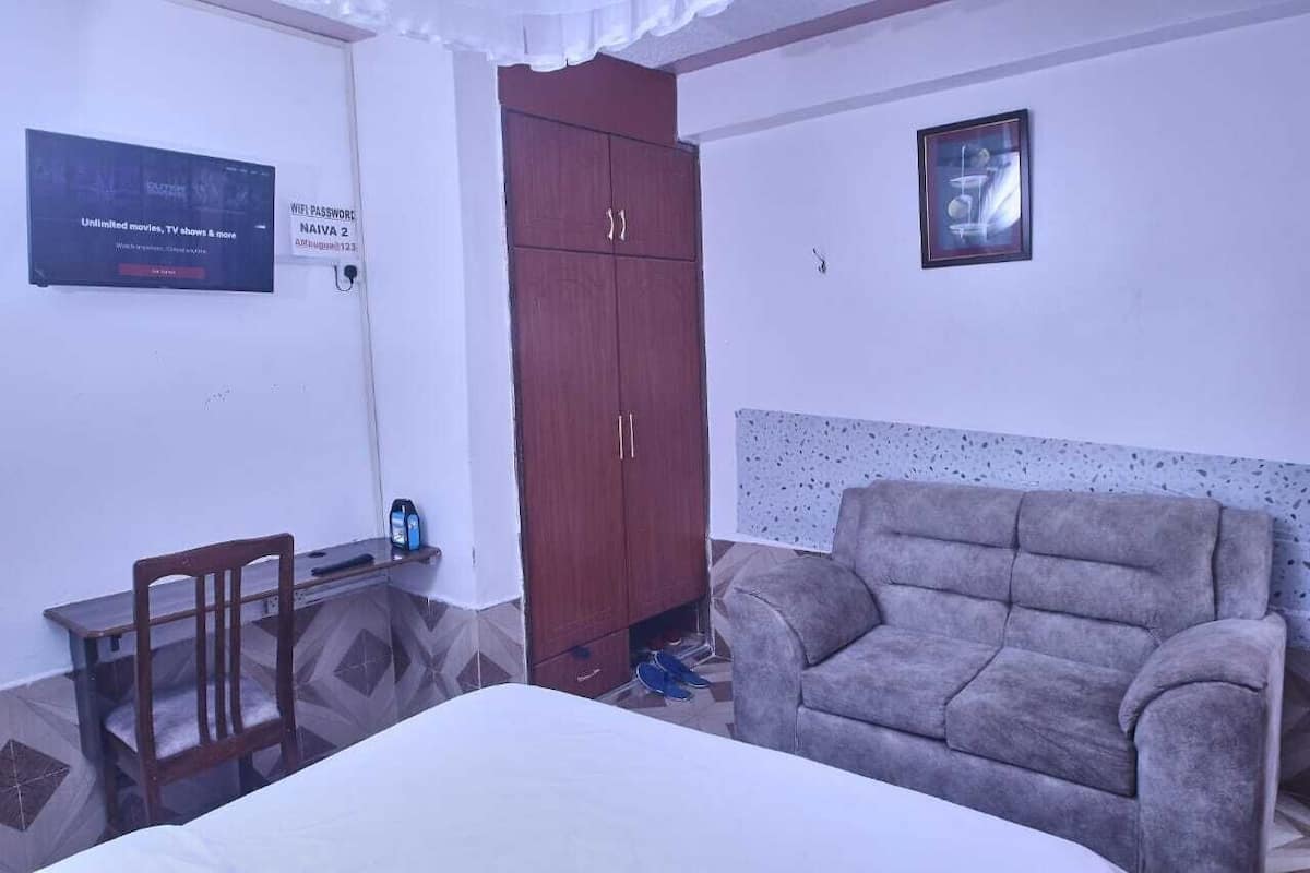 Une pièce comprenant un lit, un canapé gris, une chaise en bois, une armoire en bois, un téléviseur fixé au mur et un tableau encadré accroché au mur.