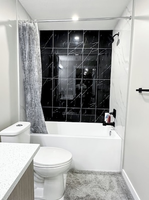Hair dryer, towels, soap, shampoo
