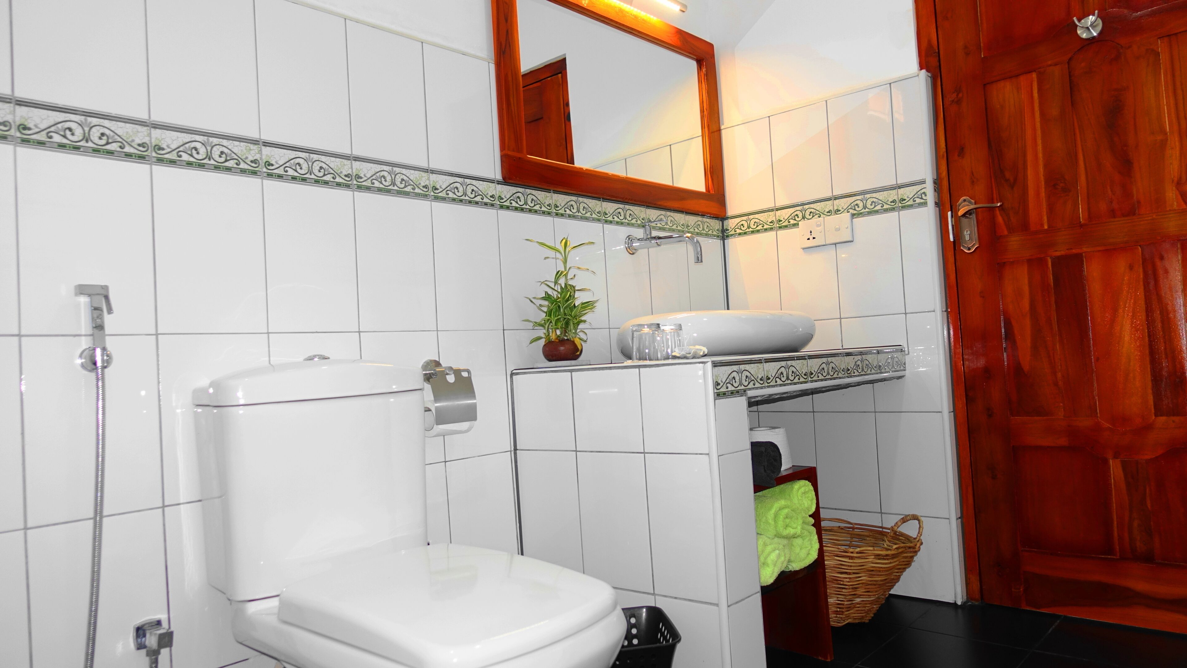 Ein Badezimmer mit Toilette, Dusche, Waschbecken mit Spiegel und Holztür.