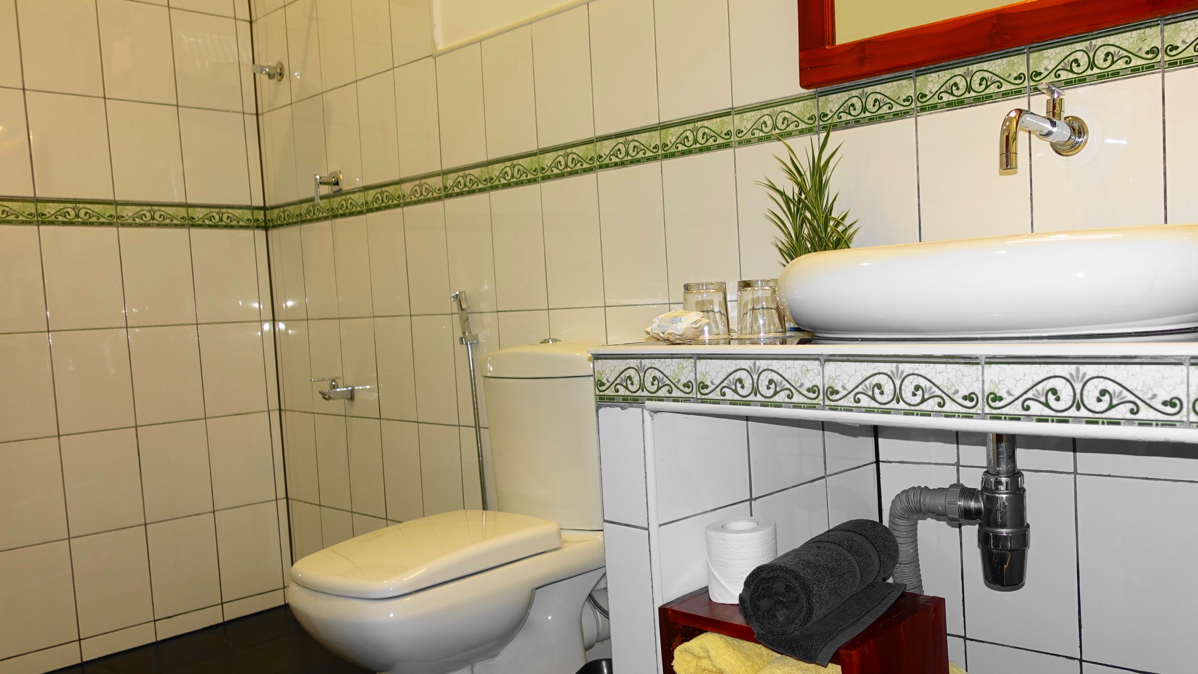 A bathroom with a toilet, a sink, and a shower.