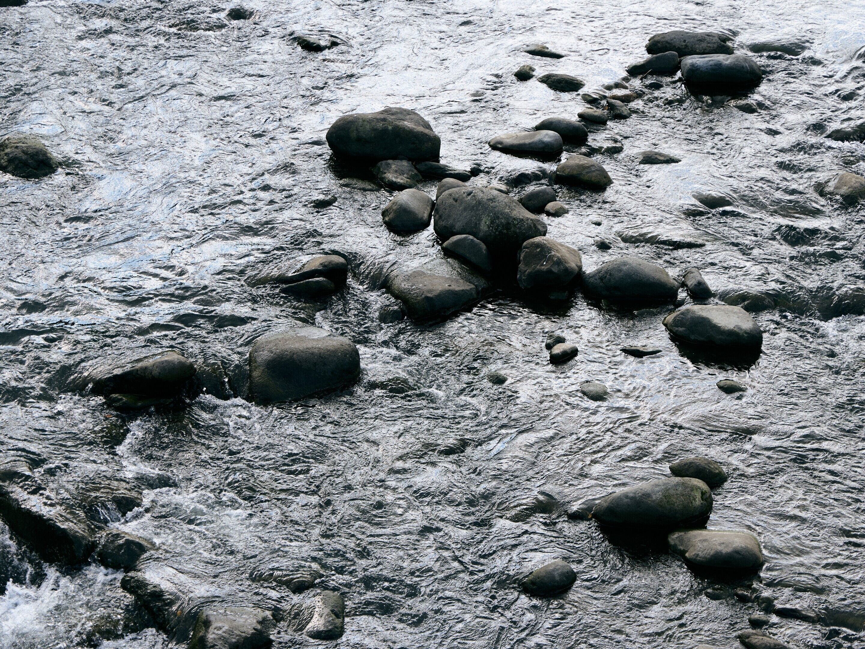 A rocky stream with large boulders and flowing water.