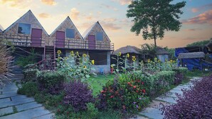 Filas de cabañas con techo triangular y un jardín delantero.