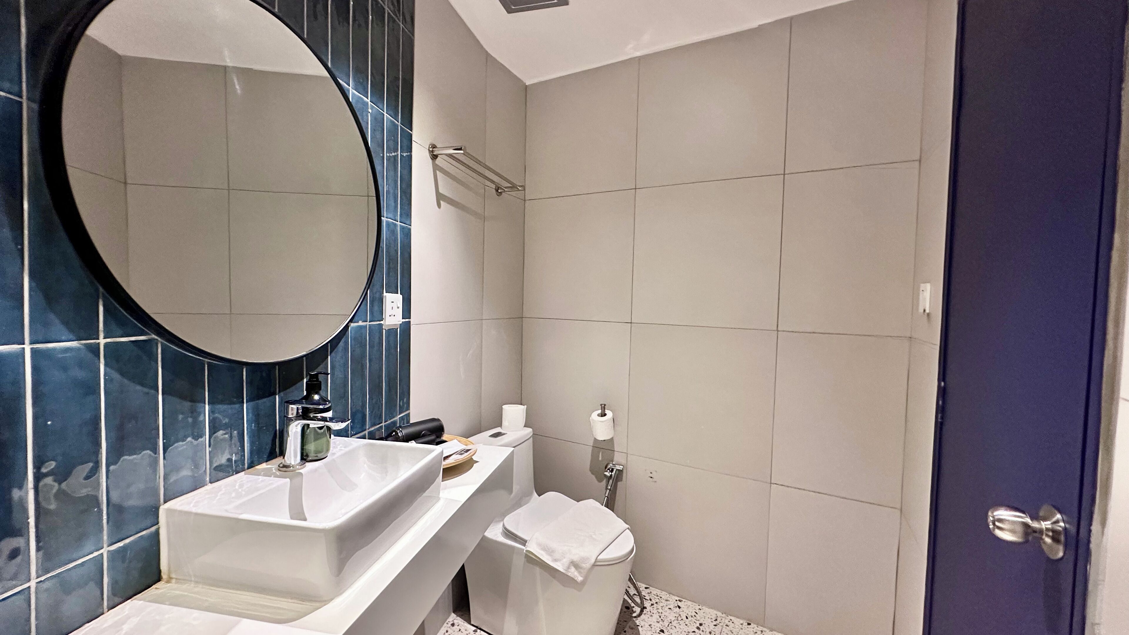 Une salle de bain avec un lavabo blanc, un miroir, des toilettes et un espace douche.