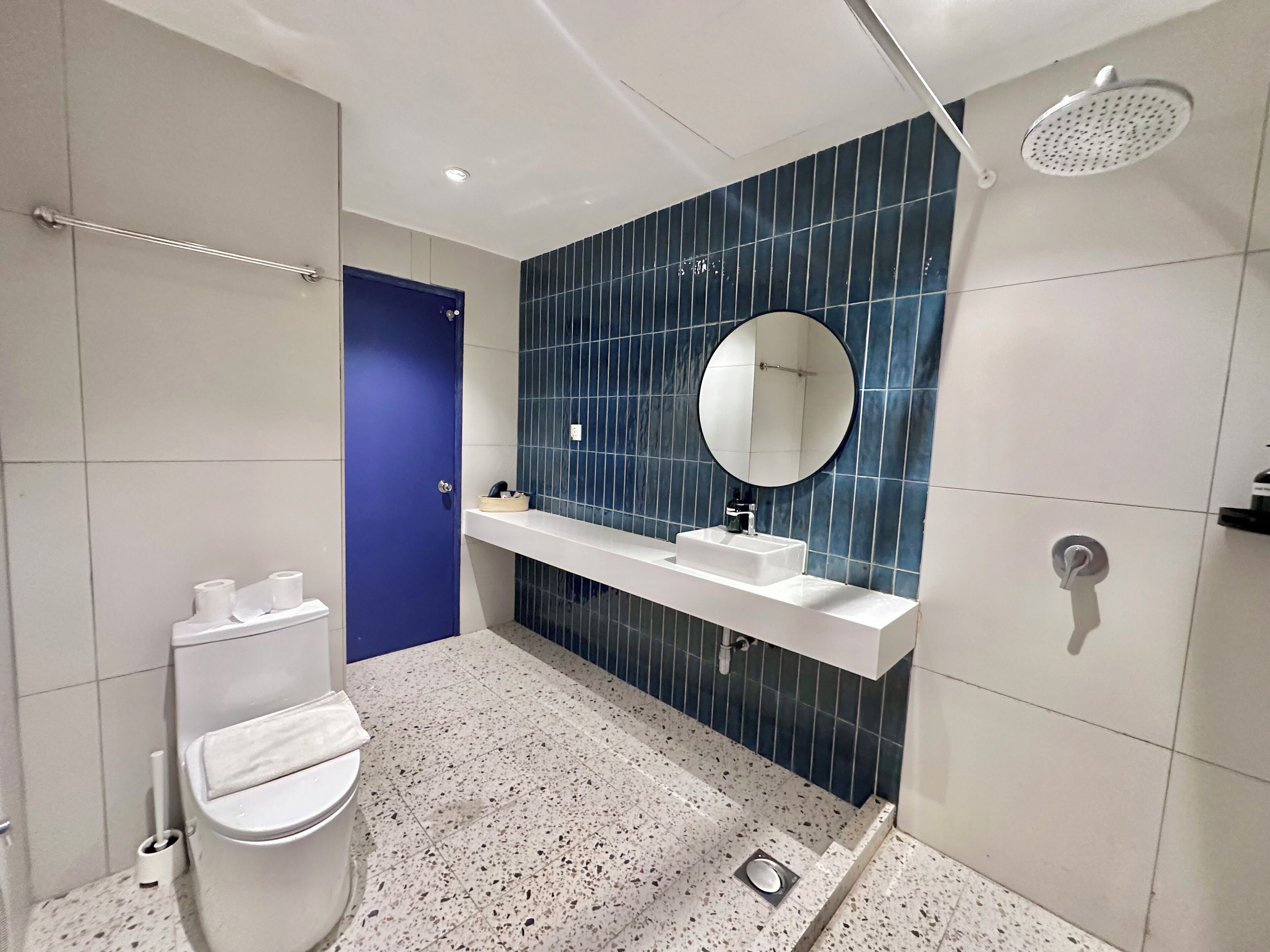 Un baño moderno con inodoro blanco, puerta azul, lavamanos blanco con espejo encima y cabezal de ducha.