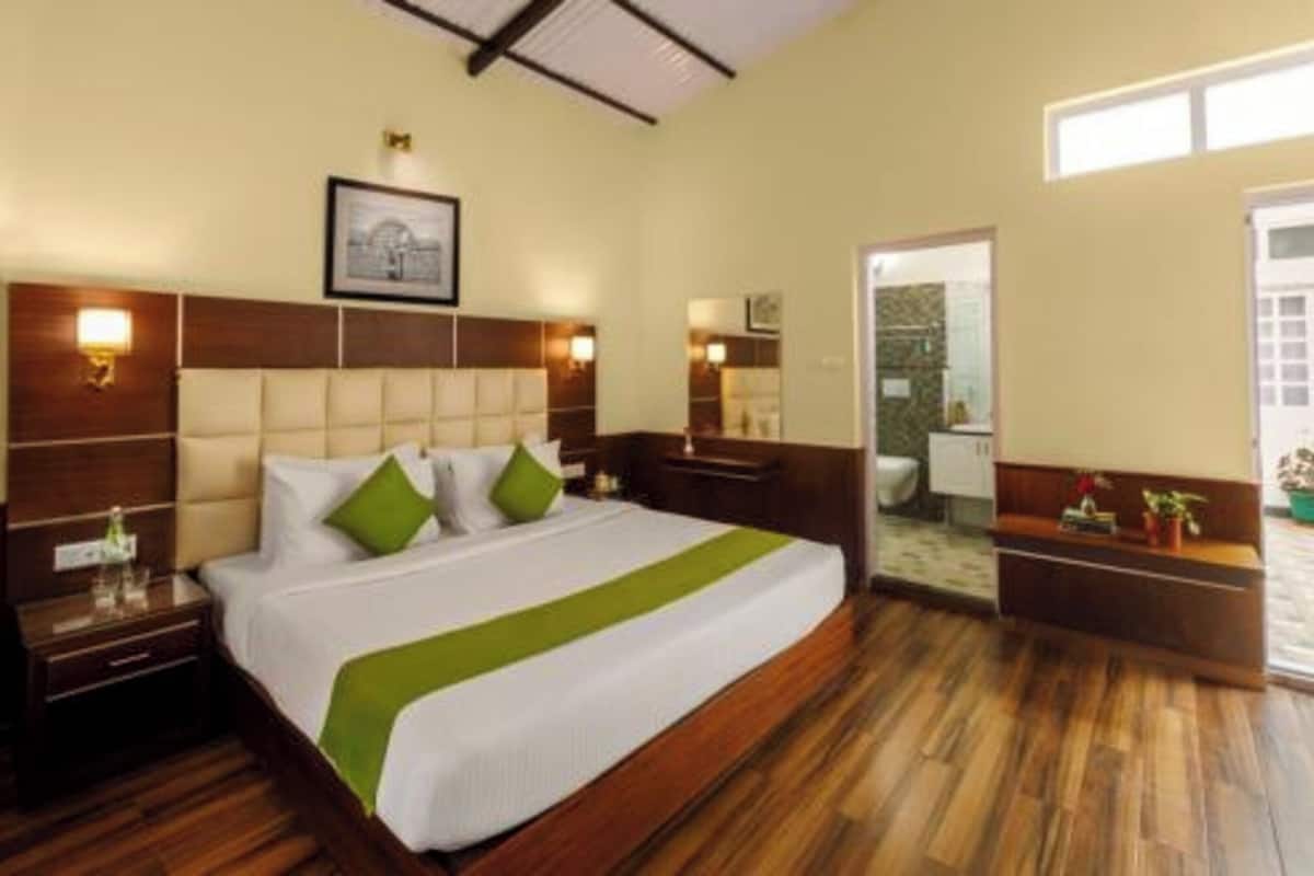 Habitación de hotel con una cama grande, cabecera de madera, mesitas de noche, un tocador, un espejo y un pequeño banco con plantas.