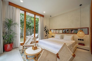Villa Deluxe, vue piscine | Draps en coton égyptien, literie de qualité supérieure