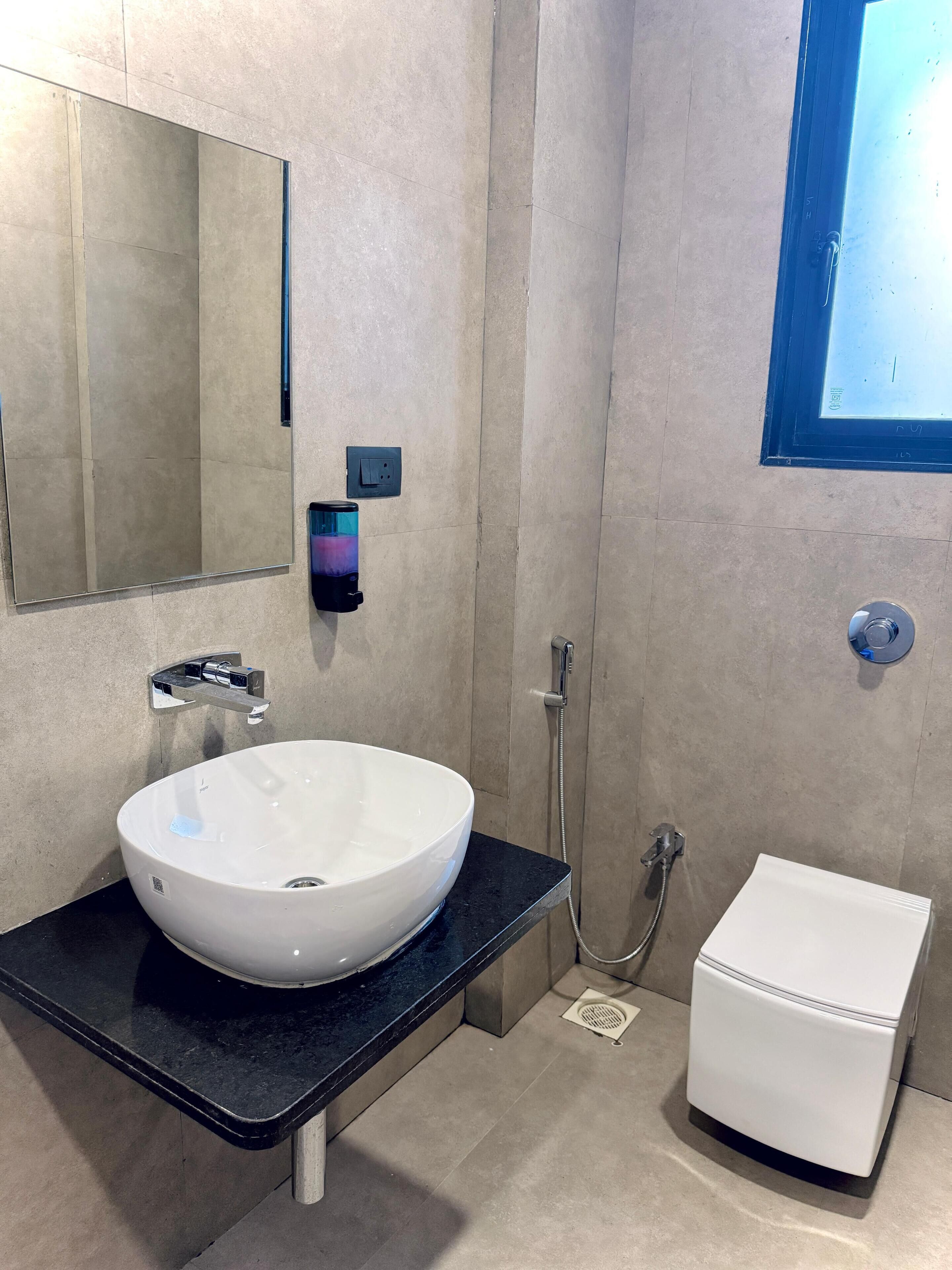 A modern bathroom with a large white sink, a mirror, a shower, and a toilet.