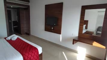 Desk, laptop workspace, blackout curtains, iron/ironing board