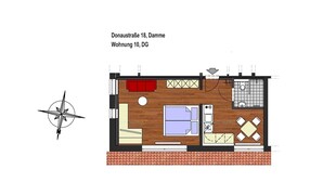 A floor plan of a room with a bed, a desk, a chair, a small table, and a window. - Zum Brandenburger Tor 10 (Damme, Dümmer)
