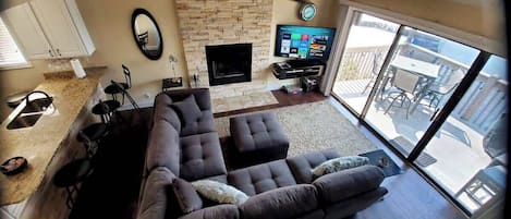 TV, fireplace, DVD player, stereo