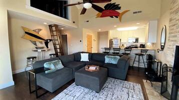 TV, fireplace, DVD player, stereo