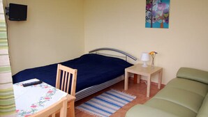 Ein kleiner, gemütlicher Raum mit einem Einzelbett, einem Schreibtisch mit Stuhl, einem kleinen Tisch mit Lampe und einem grünen Sofa.
