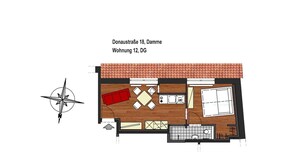 A floor plan of a room with a dining area, a living room with a red sofa, a kitchen, and a bathroom. - Zum Brandenburger Tor 12 (Damme, Dümmer)