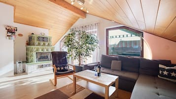 Fernseher, Kamin, DVD-Player, Stereoanlage