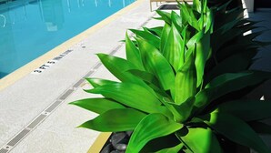Une piscine sur le toit offrant une vue dégagée sur les gratte-ciel de la ville, entourée de chaises longues et de plantes en pot.