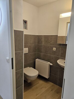 Shower, towels, soap, toilet paper