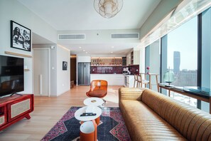 Luxury Apartment, Balcony, City View | Living area | Smart TV - PVH - 2BR Artistic Retreat in Downtown Views 2 (Dubai)