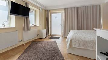 A bedroom with a bed, a TV mounted on the wall, a radiator, and a door leading to a balcony.