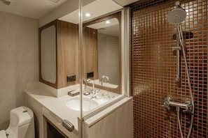 Bathroom | Shower, hair dryer, slippers, towels