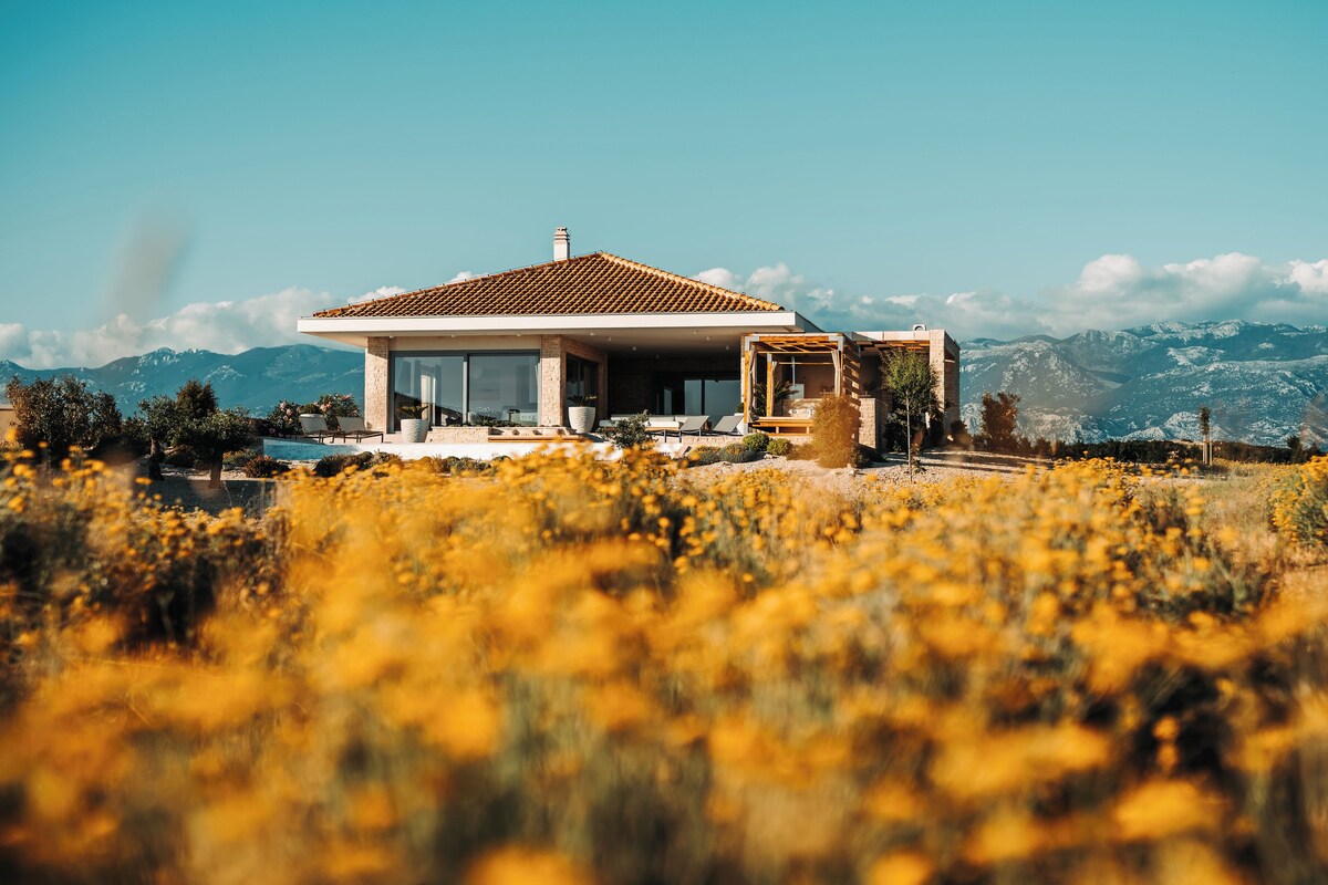 Une maison moderne dotée d’une grande façade en verre, entourée d’un champ de fleurs jaunes, avec des montagnes en arrière-plan.