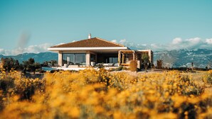 Une maison moderne dotée d’une grande façade vitrée, d’un vaste patio et offrant une vue sur des montagnes enneigées.
