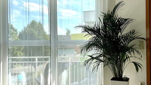 A room with large windows, a potted plant, and a view of the outside. - Sun oasis in Sigmaringen (Sigmaringen)