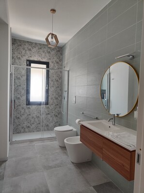 Shower, hair dryer, bidet, towels