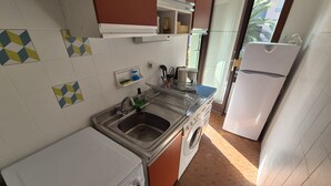 A compact kitchen with a sink, washing machine, and a refrigerator. - Collioure T2 Apartment with Terrace and Parking (Collioure)