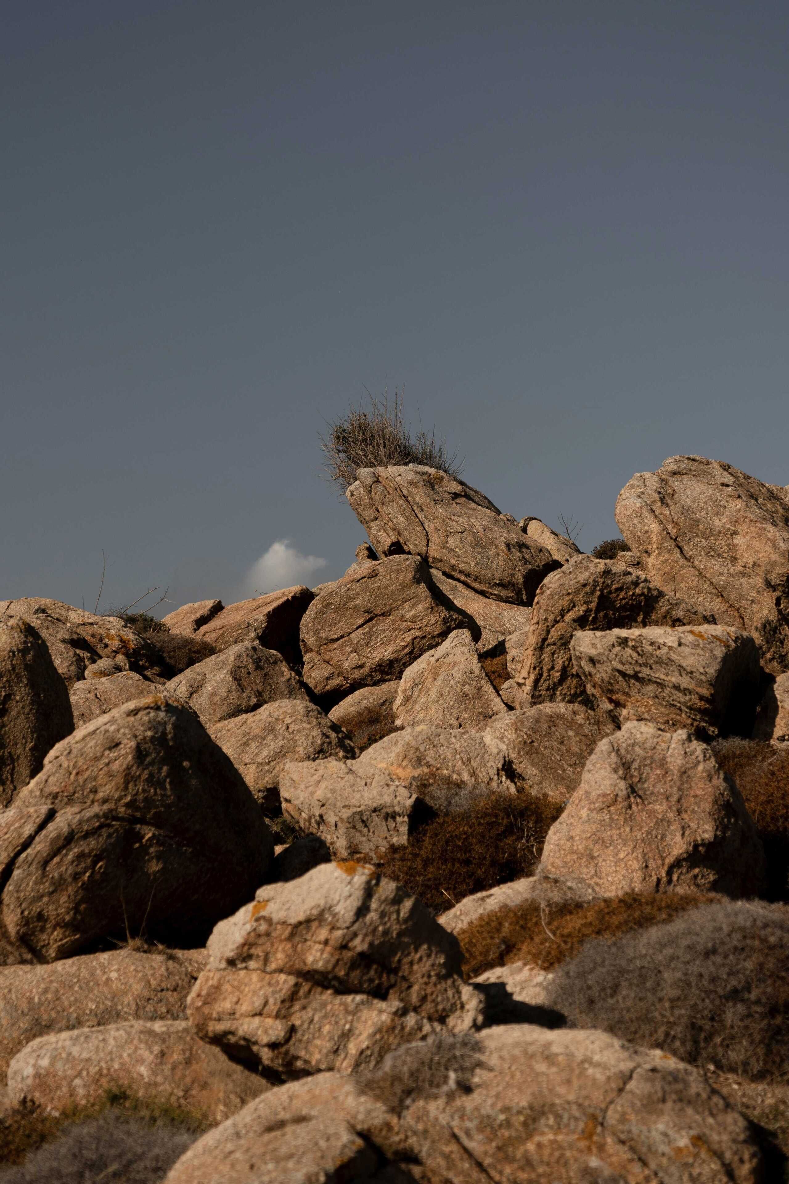 A rocky landscape with large boulders and sparse vegetation.
