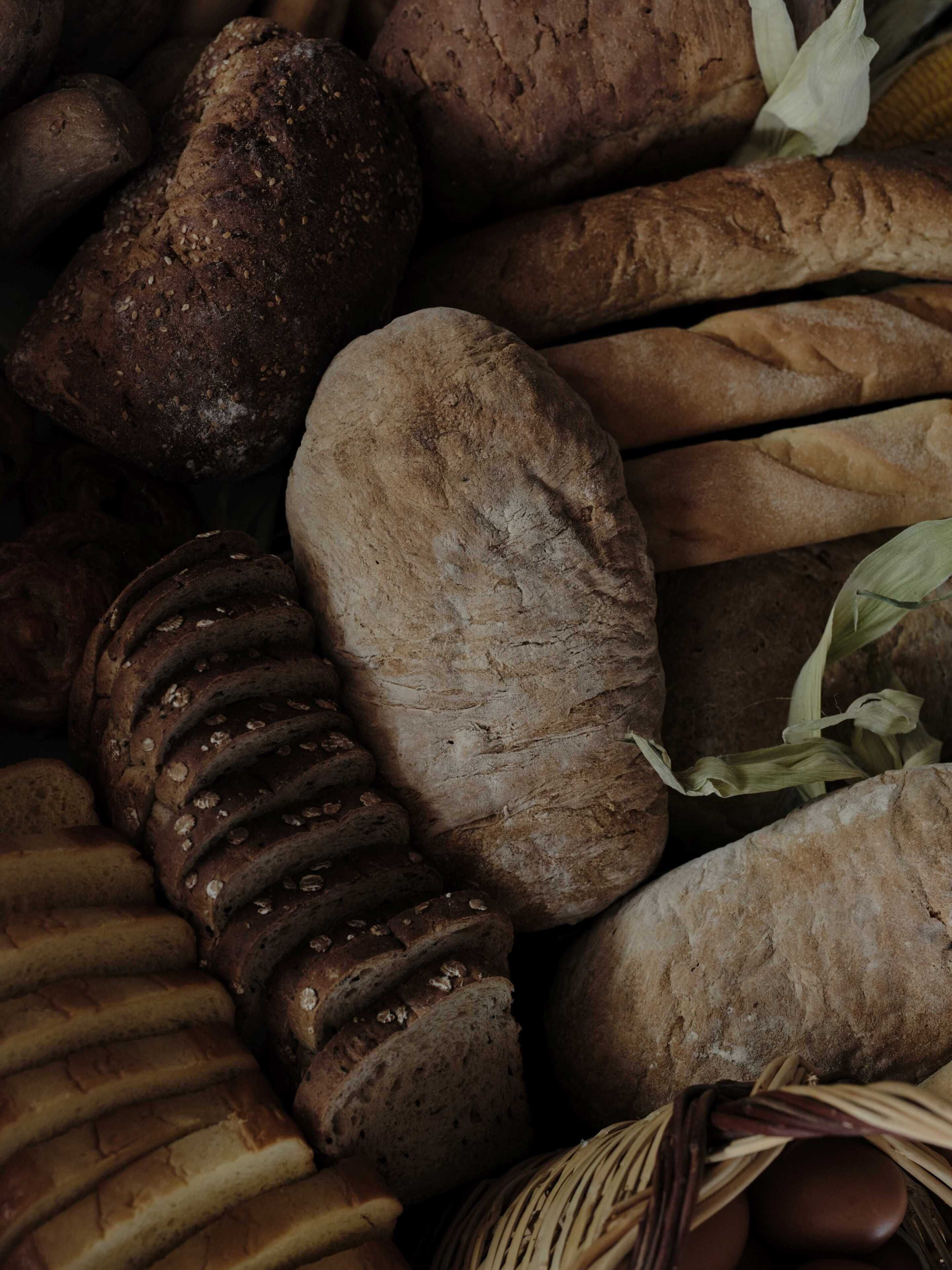 A variety of breads and loaves.