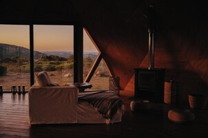 A cozy room with a bed, a fireplace, and a view of the outdoors.