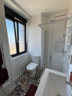 Shower, towels, toilet paper