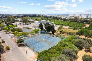 An aerial view of a tennis court surrounded by greenery, with a road and buildings in the background.