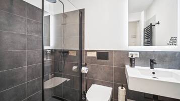 A modern bathroom with a glass-enclosed shower, a white sink, and a mirror above the sink.