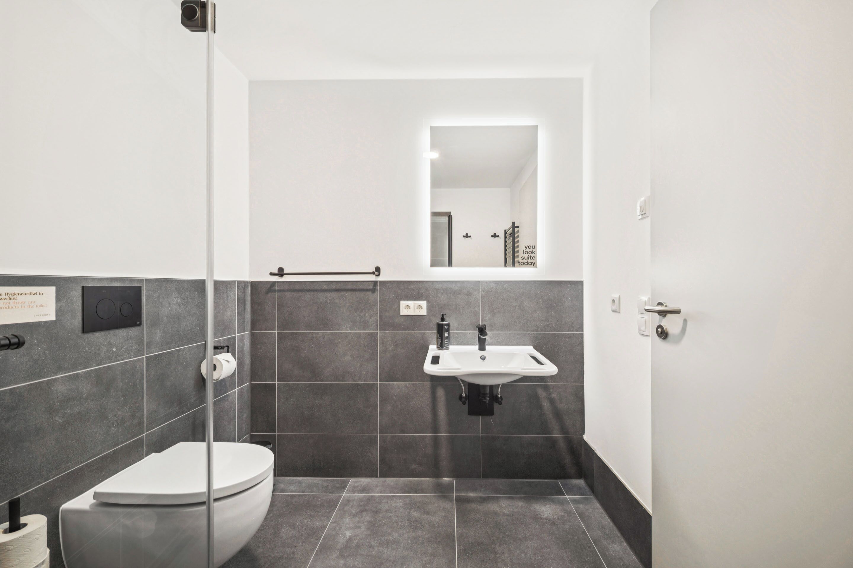 A modern bathroom with a toilet, a sink, and a shower.