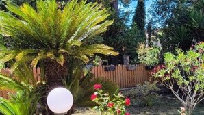 Un giardino con diverse piante, una recinzione in legno e un lampione sferico.