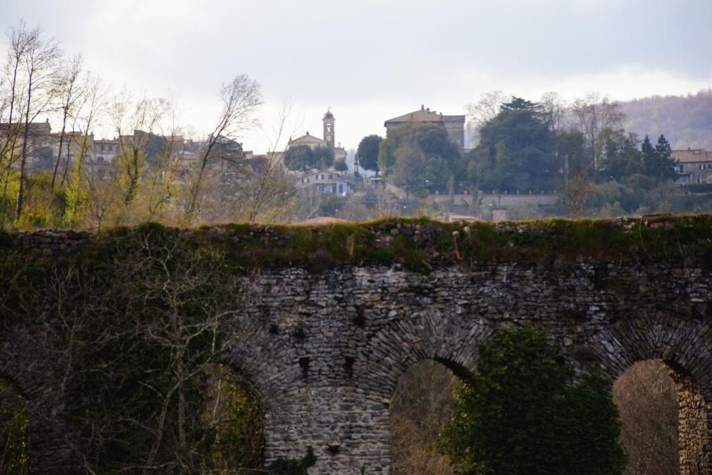 A stone bridge with arches, surrounded by trees and buildings in the background.