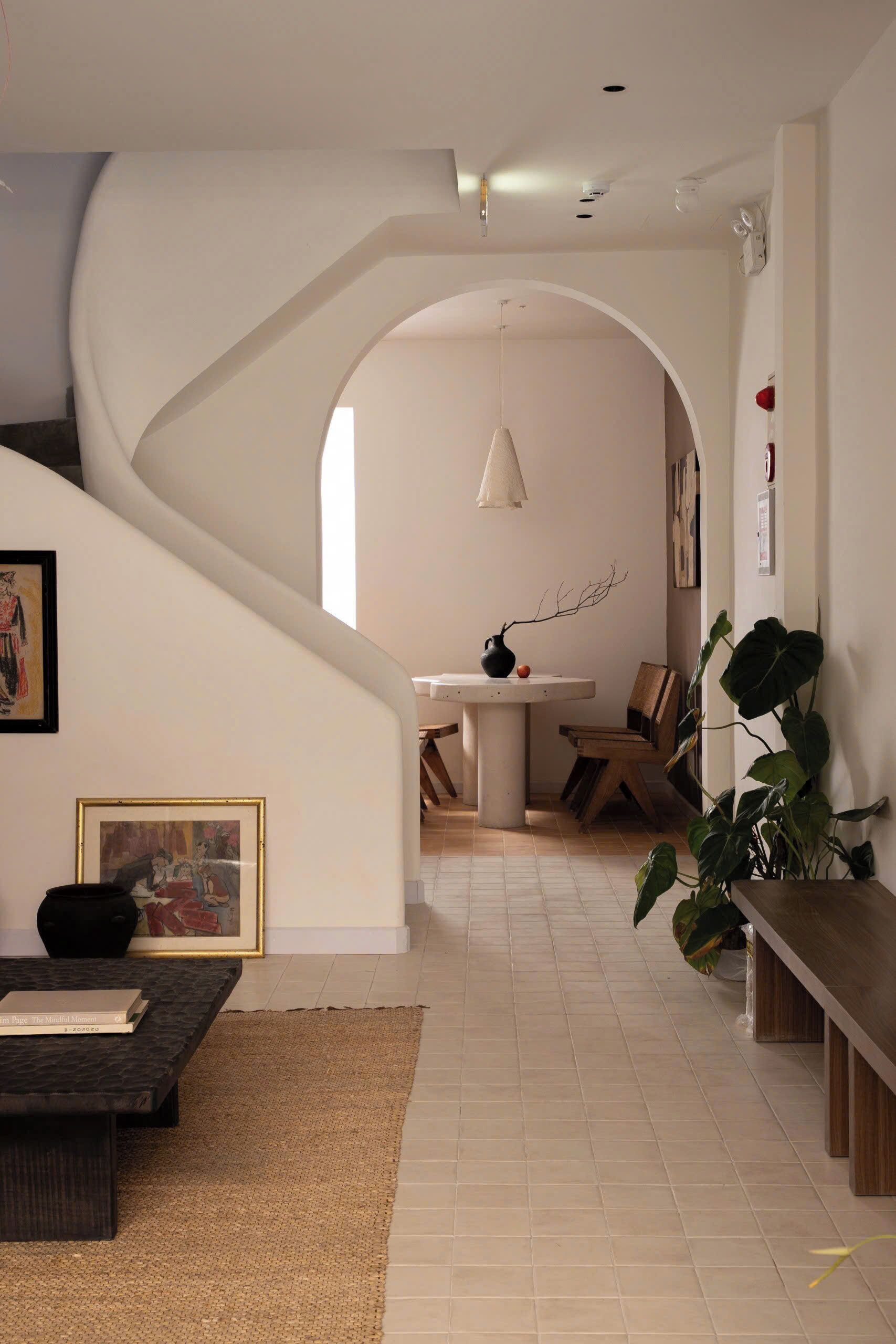 A modern interior with a curved staircase, a dining area, and a large plant.